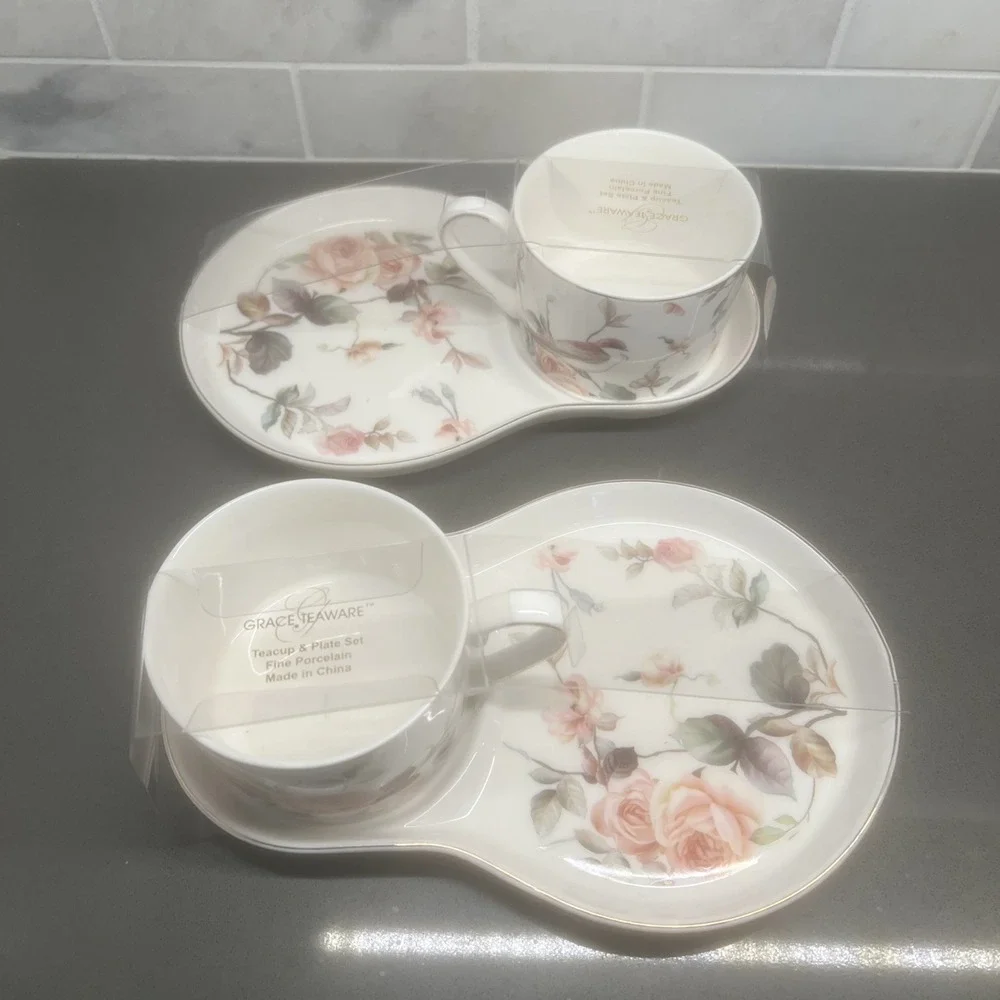 Grace Teaware Fine Porcelain Teacup & Snack Plate Magnolia &  Birds Pink New